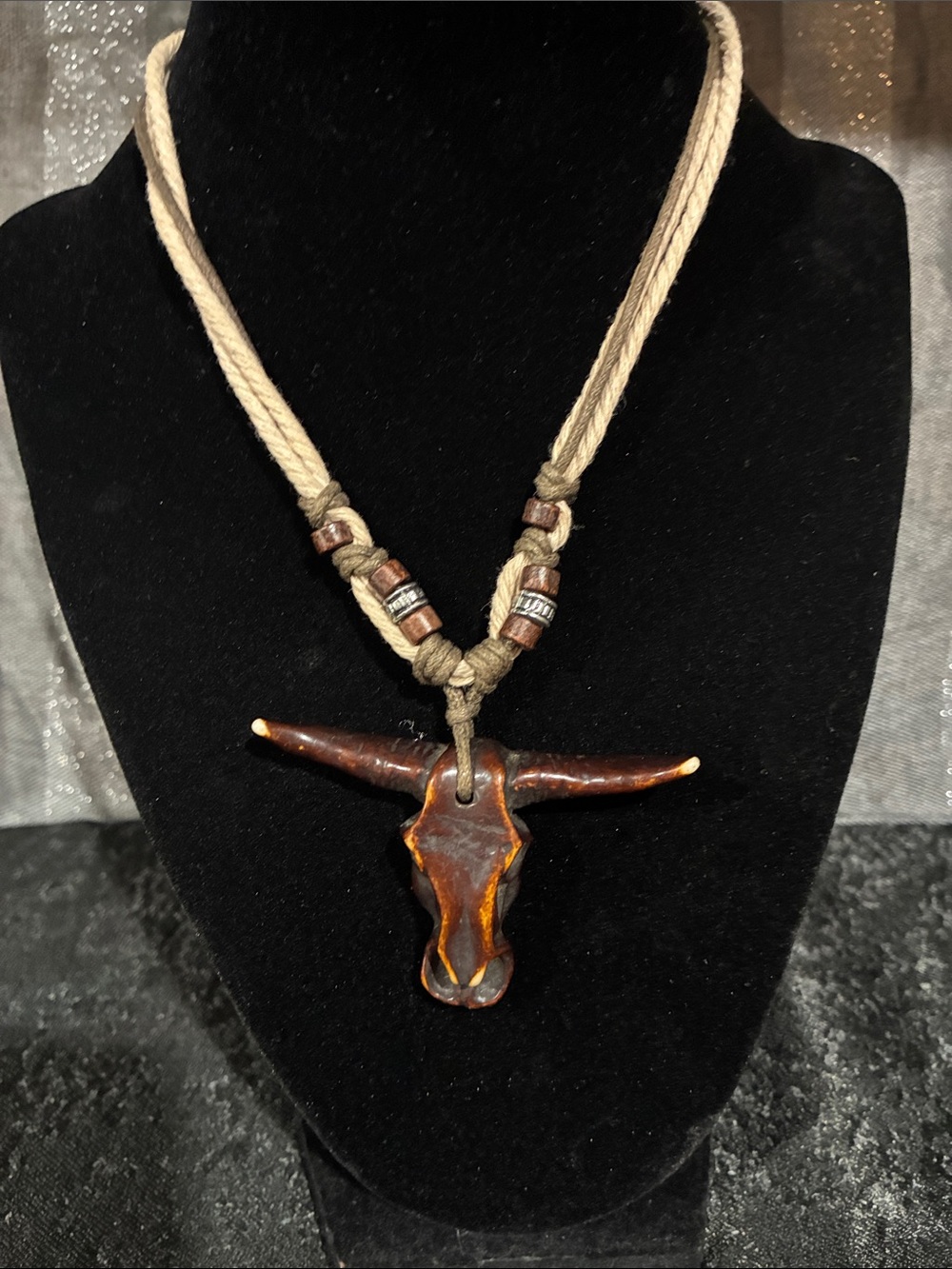 Hand Crafted Brown Bull Skull Necklace with Tan Cord